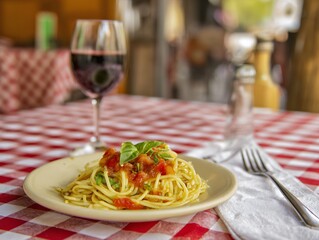 Delicious Italian spaghetti with tomato and basil, served with red wine on a cosy chequered table.