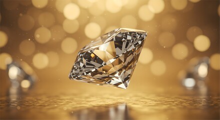 A large diamond floats in the air with a golden bokeh background.