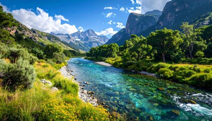 A serene river winds through a vibrant valley nestled amongst towering mountains under a brilliant sky.