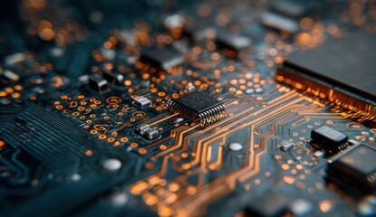 Close-up view of intricate circuit board pathways and components, highlighted by warm orange tones.