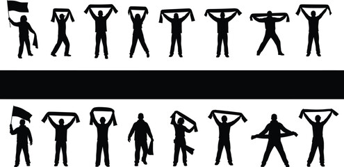 Cheering football (soccer) fans in various celebratory poses, including holding up scarves, waving flags, and raising their arms in excitement silhouette icons. Scarf fan, sports fans, holding flags.
