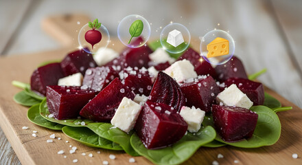 Vibrant beet and feta salad with spinach and sesame seeds