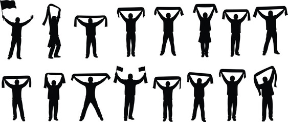 Cheering football (soccer) fans in various celebratory poses, including holding up scarves, waving flags, and raising their arms in excitement silhouette icons. Scarf fan, sports fans, holding flags.