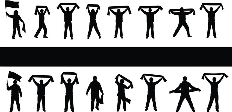 Cheering football (soccer) fans in various celebratory poses, including holding up scarves, waving flags, and raising their arms in excitement silhouette icons. Scarf fan, sports fans, holding flags. 