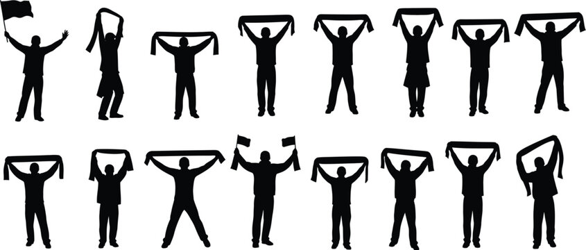 Cheering football (soccer) fans in various celebratory poses, including holding up scarves, waving flags, and raising their arms in excitement silhouette icons. Scarf fan, sports fans, holding flags. 