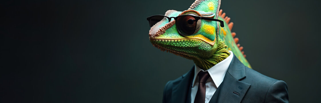 A chameleon in business suit and sunglasses poses for a portrait. This photo shows conceptual ideas about business adaptation and transformation in modern world.