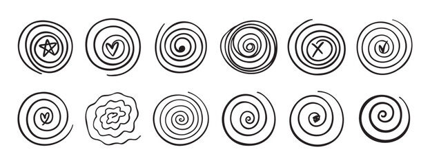 Doodle spiral swirl motion element set. abstract hand drawn round spiral line. spiral with a symbol inside
