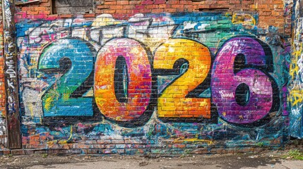 Fototapeta premium Colorful graffiti 2026 painted on old brick wall. Urban street art with vibrant spray paint textures and grunge background 