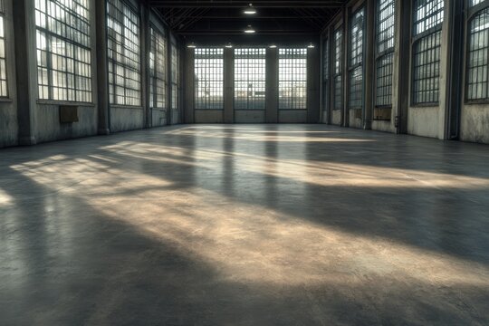 Empty hall, large windows. Generative AI