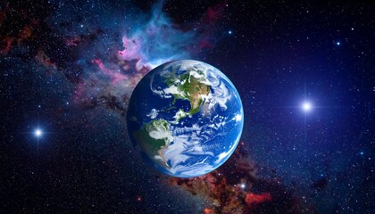 Obraz premium A vibrant depiction of Earth against a backdrop of stars and nebulae, highlighting continents and oceans