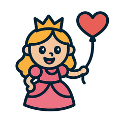 Cartoon little princess girl with white eyes and black pupils holding a heart-shaped balloon, colorful flat vector icon, perfect for kids and fantasy designs.