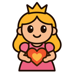 Vibrant princess girl character holding a shiny heart, cartoon flat vector style with black and white eyes, perfect for apps, games, and stock resources.