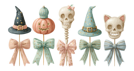 Festive Halloween Decorations with Hats, Skull, Pumpkin, and Bows