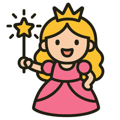 Cartoon little princess girl holding a star wand, colorful flat vector icon with bold outline, perfect for kids, fairy tales, and creative stock resources.