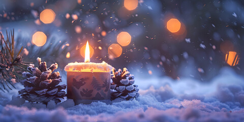 Gentle candle flame glows warmly amidst snowy pinecones and festive bokeh lights
