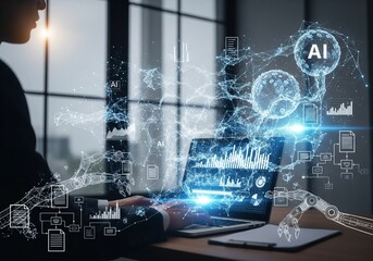 A businessman on a laptop leveraging AI for data analysis and report generation, showcasing intelligent automation in business processes