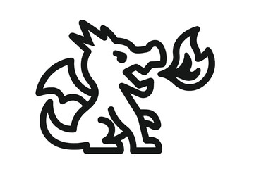 Cartoon black dragon breathing fire icon in flat vector style, bold outline, simple geometry, ideal for fantasy themes and design resources.