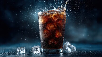 Ice-Cold Cola Drink Splash in Motion with Bubbles and Water Drops | Refreshing Fizzy Beverage in Glass, Ideal for Summer, Energy, and Cooling Lifestyle Concepts