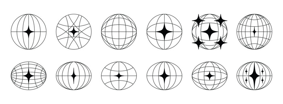 World globe retro grids in oval and round form with stars icons set. earth latitude and longitude line grid. futuristic design elements.