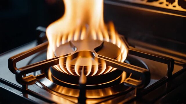 A close-up shot of a stove burner with flames burning bright