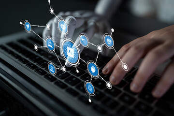 A robotic hand interacts with a laptop, surrounded by digital icons representing networks and artificial intelligence, showcasing future technology and innovation. Tessel