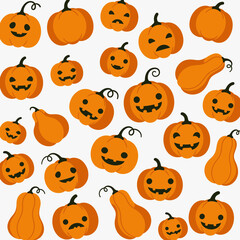 Delightful Halloween pumpkin patch pattern with playful jack-o'-lantern faces, ready for festive designs and seasonal celebrations, originally a vector graphic