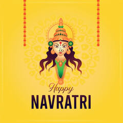 An artistic and vibrant illustration of the Hindu goddess, Maa Durga, with a beautiful and serene expression, celebrating the auspicious festival of Navratri against a yellow background.