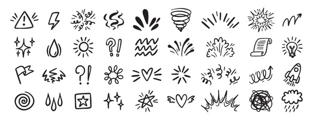 Comic effect icon set, manga doodle elements collection. Retro anime movement, exclamation and emphasis expressions. Doodle emotion of character in comic style