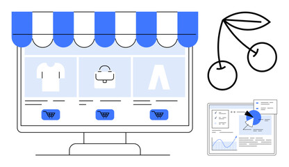 Monitor showcasing an online store with product categories, shopping carts, analytics dashboard with charts, and cherry graphics. Ideal for e-commerce, analytics, retail, technology, food creative
