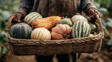 Basket Filled with Pumpkins and Squash Carried by a Farmer