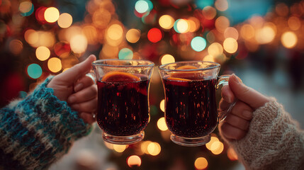 Hands Holding Mulled Wine Mugs with Blurred Christmas Lights Behind
