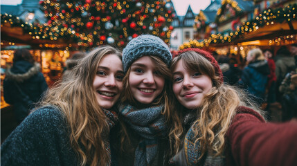 Friends Taking a Selfie in Front of a Decorated Christmas Tree at the Market