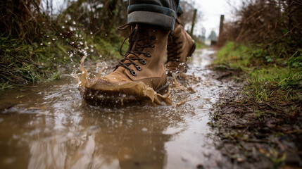 Close-Up of Boots Stepping into a Puddle on a Muddy Path