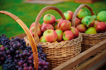 Fresh apples and grapes in wicker baskets