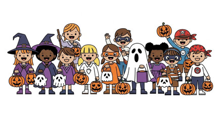 Naklejka premium Diverse group of happy children in colorful Halloween costumes holding pumpkins and candy bags
