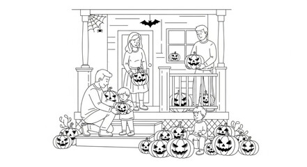 Fototapeta premium Family joyfully carves pumpkins together on porch for Halloween fun