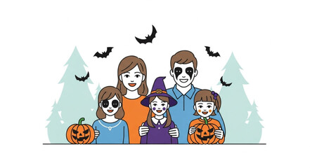 Joyful family dressed in Halloween costumes celebrates with pumpkins and bats