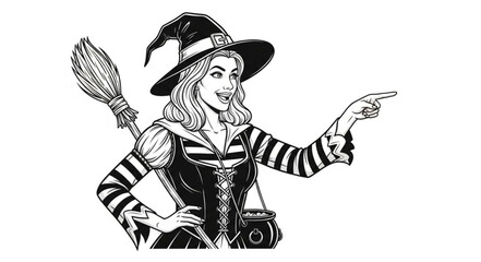 Playful witch with broom and cauldron points to the side, celebrating Halloween