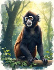 Fototapeta premium Primate monkey sits on tree branch in lush green forest jungle. Watercolor art style shows monkey face with big orange eyes and furry body. Wildlife creature in natural habitat.