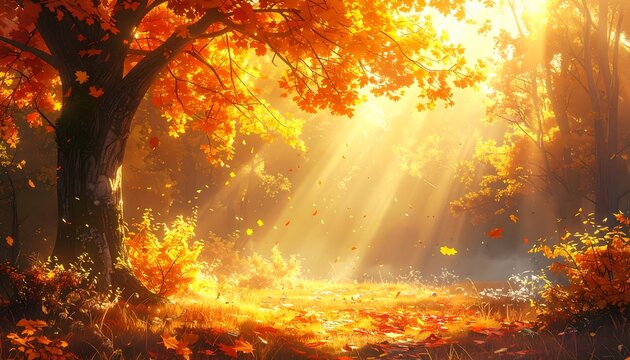 A sun-drenched autumn forest bathed in warm, golden light, featuring vibrant foliage and falling leaves.