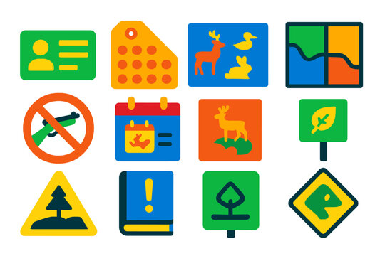 Hunting Regulation Icons. Flat vector icons of hunting permits and regulations: hunting license card, tag punch card, legal