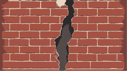 Brick wall background with a large crack. Cracked Brick wall. Damaged Wall Background. Vector illustration.  