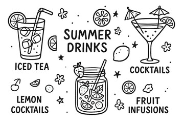 Summer Drink Illustrations. Summer drinks doodle set: hand drawn icons for iced tea, lemonade, cocktails, and fruit infusions,