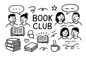 Book Club Doodles. Book club doodle set: hand drawn icons for reading together, discussion, and literary fun, isolated transparent