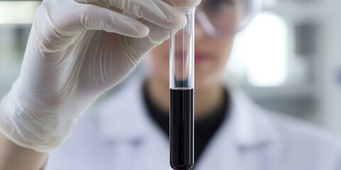 Lab worker holds vial of dark liquid for research. Safety glasses and gloved hands. Testing vial. Scientific study. Laboratory science.