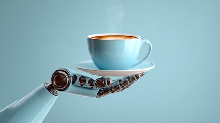 A robot is holding a blue coffee cup on a white plate. The robot is holding the cup with its right hand and the cup is placed on the plate with its left hand