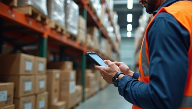 Worker uses mobile data terminal for inventory check. Man in safety vest checks stock in a busy warehouse. Employee scans boxes on shelves, manages efficient storage and global supply chain logistics.