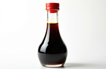 Clear glass bottle with red cap contains dark brown liquid soy sauce. Product studio shot on white background. Bottle has smooth curvy shape. Use in asian cuisine.