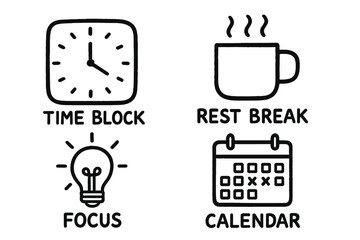 Doodle Time Block Icons. Productivity time block planner doodle set: hand drawn icons for work intervals, rest breaks, focus