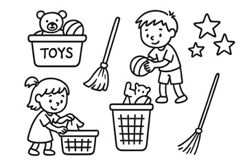 Kids Cleaning Icons. Kids cleaning up doodle set: hand drawn icons for toy bins, laundry baskets, broom, and reward stars,
